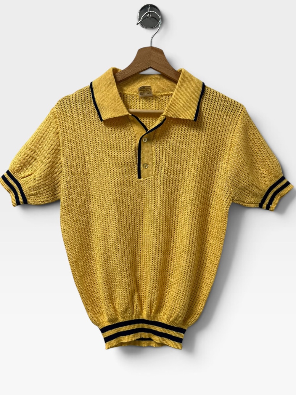 Vintage 80s Yellow Knit Polo Sweater Women’s M Eyelet Short Sleeve Slim Preppy